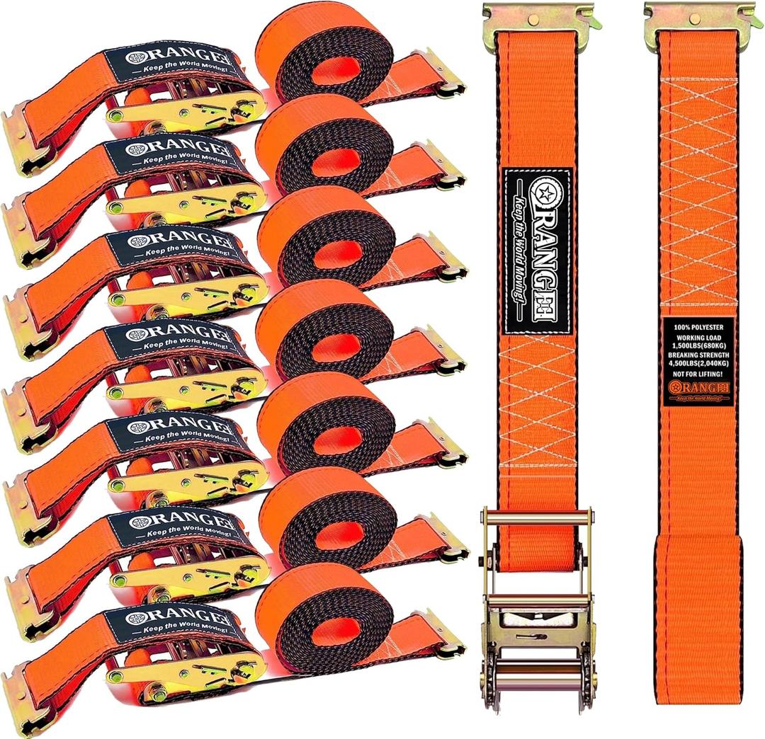 ORANGEE 8 Pack 15FT x 2IN E Track Ratchet Strap 4500lb Breaking Strength for Container, Cargo Vans, Trailer Load Hi Visible Neon Orange Color
