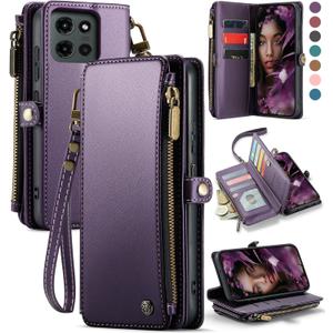 Defencase for Moto G - 2026/2025 Case, RFID Blocking Wallet Case for Motorola Moto G 5G 2025 & 2026 PU Leather Magnetic Flip Wrist Strap Zipper Card Holder Phone Cases for Women and Men, Purple