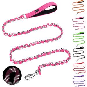 HOMIMP Chew Proof Dog Leash for Medium Large Dogs, Reflective 6 FT Heavy Duty Metal Chain Dog Leashes with Soft Padded Handle, Anti Bite Durable Rope Leashes for Pitbull, Non Chewable (Pink)