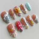 Luxury Press on Nails Medium Almond French Tip Handmade 3D Unique Reusable ABS Material Fake Nails Summer False Nails with Designs Plumeria Floral Art Petal Glossy Glue on Nails Thick Acrylic Nails(M) (N13)