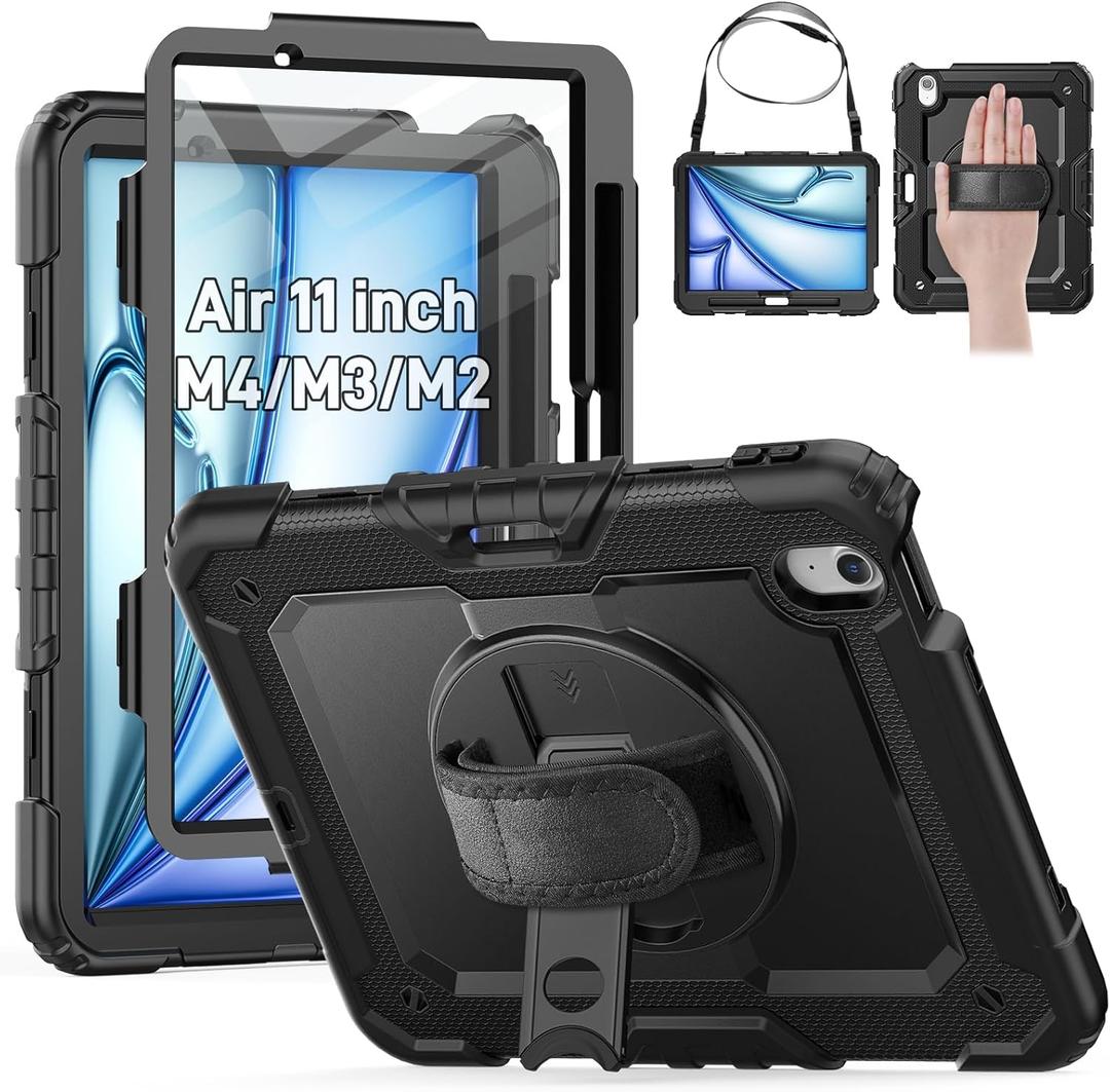 HXCASEAC Rugged Case for iPad Air 11 inch M4 M3 M2 (2026 2025 2024), Heavy Duty Protective Design with Pencil Holder, Screen Protector, Rotating Stand, Hand Strap, for iPad Air 11 Hard Case (Black)