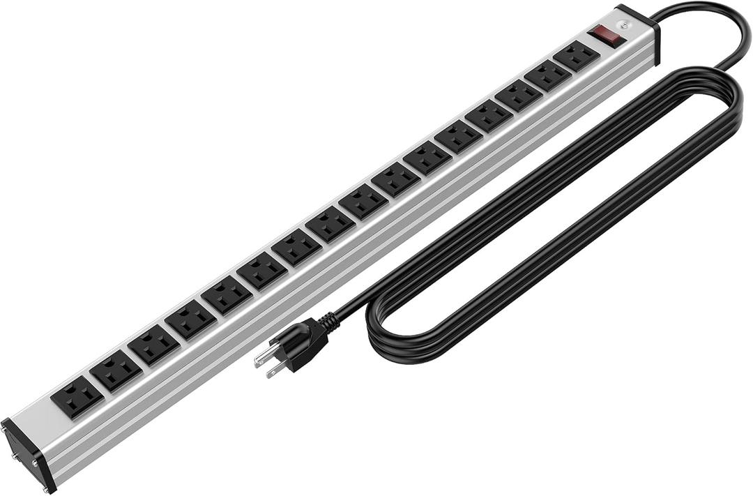 Oviitech 16 Outlets Heavy Duty Metal Socket Power Strip,15-Foot Long Extension Cord with Circuit Breaker. Mounting Brackets Included, Workshop/Industrial use, ETL Certified, Black