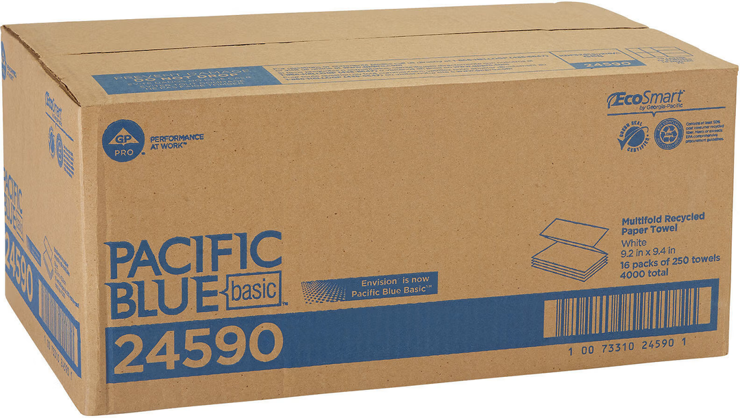 Pacific Blue Basic® 1-Ply Recycled Multifold Paper Towels by GP PRO (Georgia-Pacific), White, 4,000 Towels Per Case