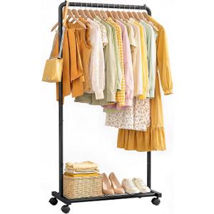 Clothes Rack - Clothing Rack with Storage Mesh Shelf & Casters, Heavy-Duty Metal Clothing Rack for Hanging Clothes, Dresses, Coats, Large Load Capacity, Easy Assembly, Black, 28.0"x16.9"x59.0"