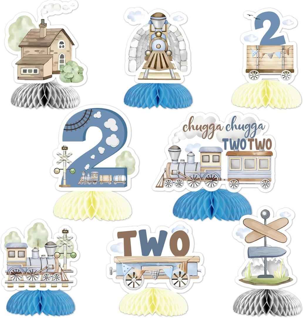 Train 2nd Birthday Decorations - Chugga Chugga Two Two Party Centerpieces, Honeycomb Railroad Crossing Theme Decor, Transportation Table Decor, Party Supply