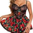 Avidlove Lingerie for Women Sexy Lace Babydoll Mesh Chemise Boudoir Nighty with Garter Belt (Red Rose) XXL