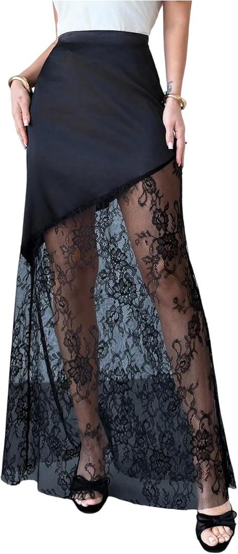 SOLY HUX Women's Satin Lace Maxi Skirt Y2k High Waisted Sheer Silk Party Going Out Long Skirts (Black, S)