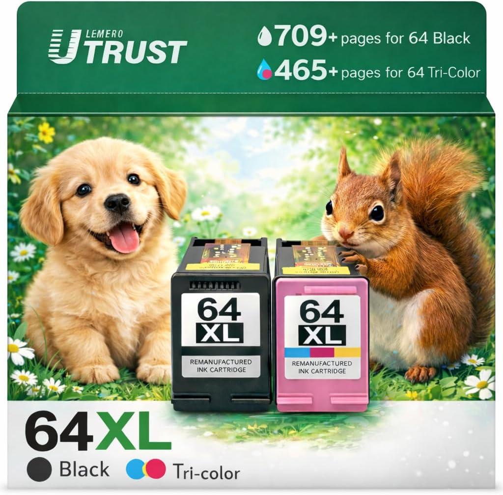 64XL Ink Cartridges Black & Tri-Color Combo Pack, Remanufactured Replacement for HP 64XL 64 Ink, Compatible with HP Envy Photo 7855 7858 7155 7120 6252 6255 6258 7164 7864 Tango Tango X Printer