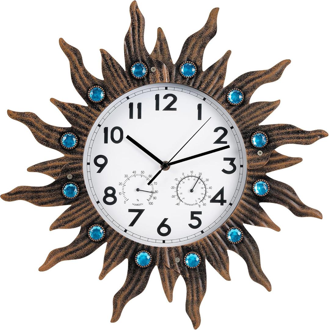 Sun Outdoor Clock with Thermometer and Hygrometer Combo, Silent Non-Ticking Outdoor Clock Waterproof, Decorative Outdoor Wall Clocks for Patio Garden Indoor Home Decor Gift, 18.5 Inch