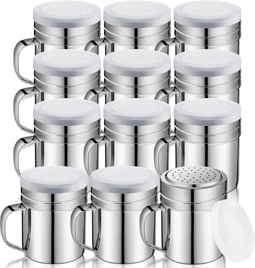 Lallisa 12 Pcs 10 oz Stainless Steel Spice Shakers with Holes and Lids Dredge Shakers with Handle Versatile Salt Shaker for Sugar Pepper Seasoning Flour Popcorn Cinnamon Powder Container Accessories