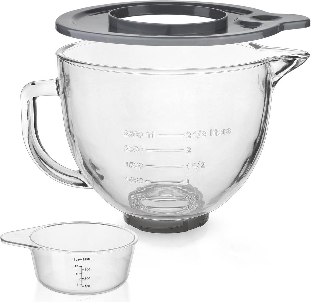 Glass Mixing Bowl 5 QT for KitchenAid 4.5 and 5 Quart Tilt-Head Stand Mixers, Measuring cups with scales, Fits Artisan KSM150, RRK150, KSM100, K45SS, KSM90, KSM95, K45, KSM110, 5KSM125