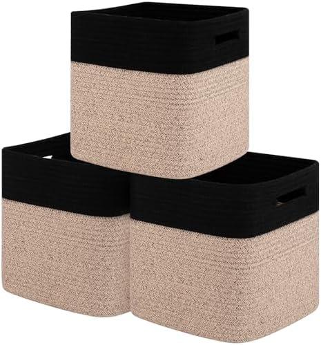 Storage Cubes 11 Inch Cotton Rope Woven Baskets for Organizing, 3-Pack Cube Storage Bin | Square Baskets for Shleves, Closet, Baby Nursery Bins, Black & Brown