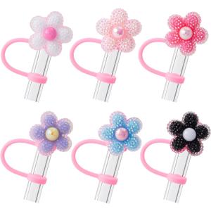 2 x 6Pcs Flower Glitter Cap Straw Cover Cap for Stanley Cup 40oz/30oz Accessories, 10mm Reusable Cute Drinking Straw Topper Accessories, Portable Protector Plugs Decorations Gifts for Party Favors