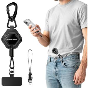 Dadanism Anti-Theft Phone Tether, Universal Phone Lanyard Retractable Steel Line Cell Phone Strap with Heavy-Duty Carabiner & 360 Rotatable Metal Tab for Outdoor Hiking Fishing Skiing Climbing, Black