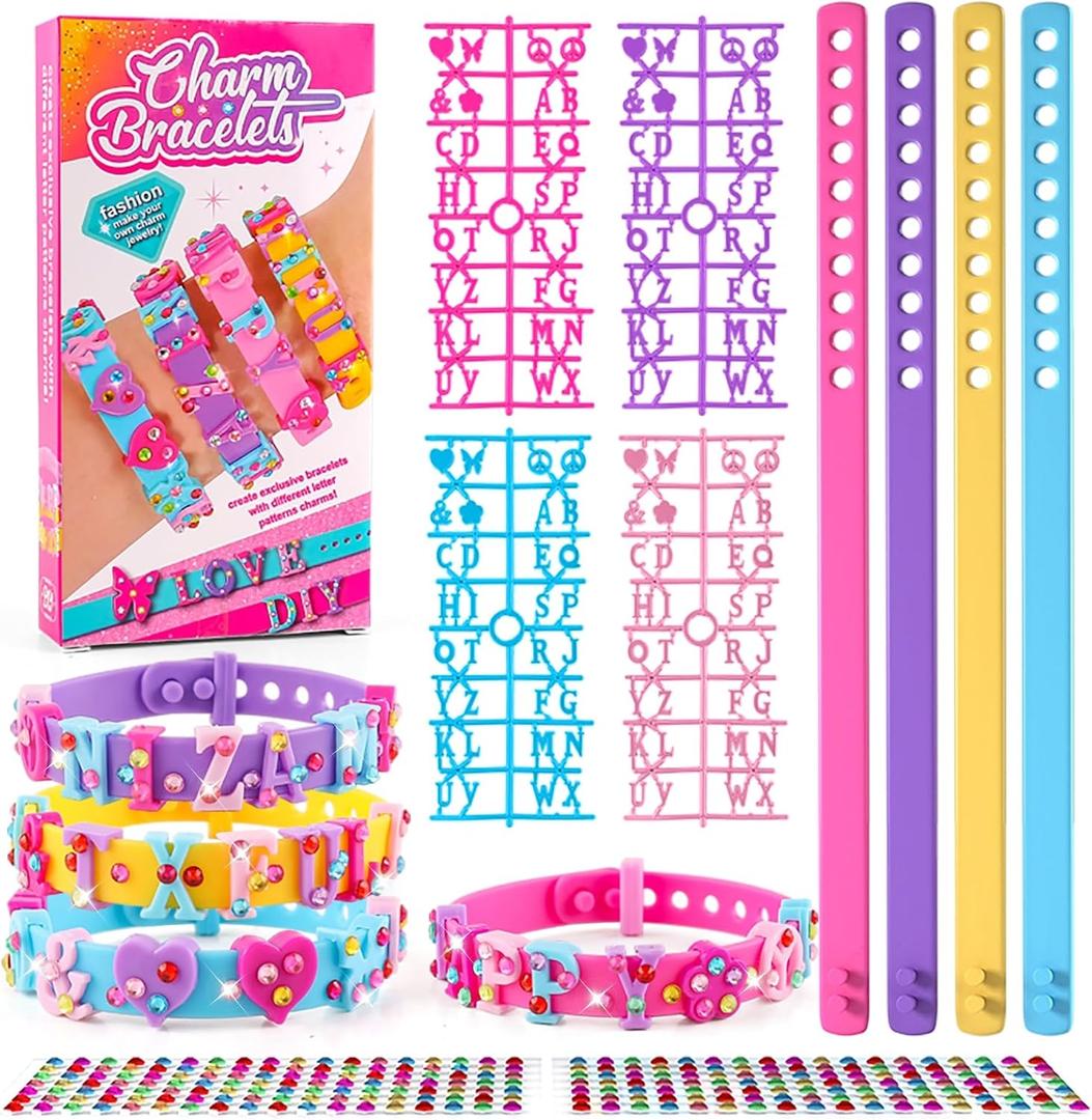 DIY Silicone Bracelet Making Kit for Kids - Girls Colorful Charm Art & Craft Kit with Adjustable Rubber Wristbands, Decoration Accessories & Stickers for Party Favors and Birthday Gifts Ages 6 7 8