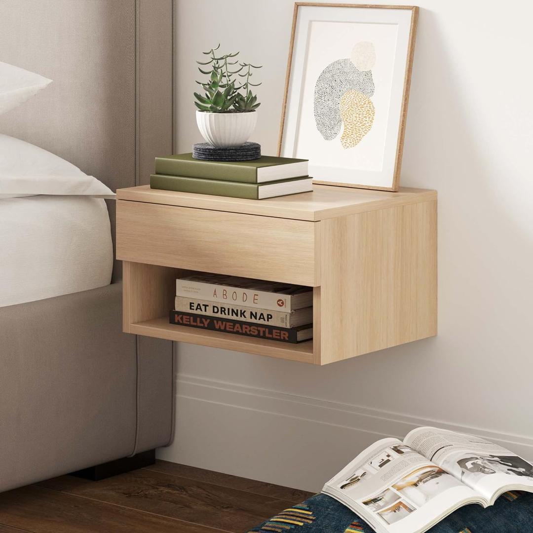 Nathan James Jackson Wall Mounted Floating Bedroom Nightstand with Storage Drawer and Modern Open Shelf Cubby, Light Oak Wood Nathan James Jackson Wall Mounted Floating Bedroom Nightstand with Storage Drawer and Modern Open Shelf Cubby, Light Oak Wood