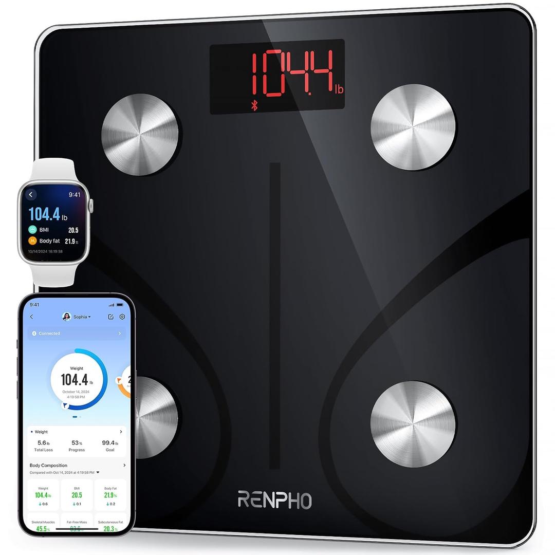 RENPHO Scale for Body Weight 500 lbs, Extra-High Capacity Smart Bathroom Scale with Ultra Wide Platform 12 x 12 inches, Body Fat Scale with Large LED Display, Health Monitor Sync App, Elis 1 L (12"/300mm, Grey-Black)