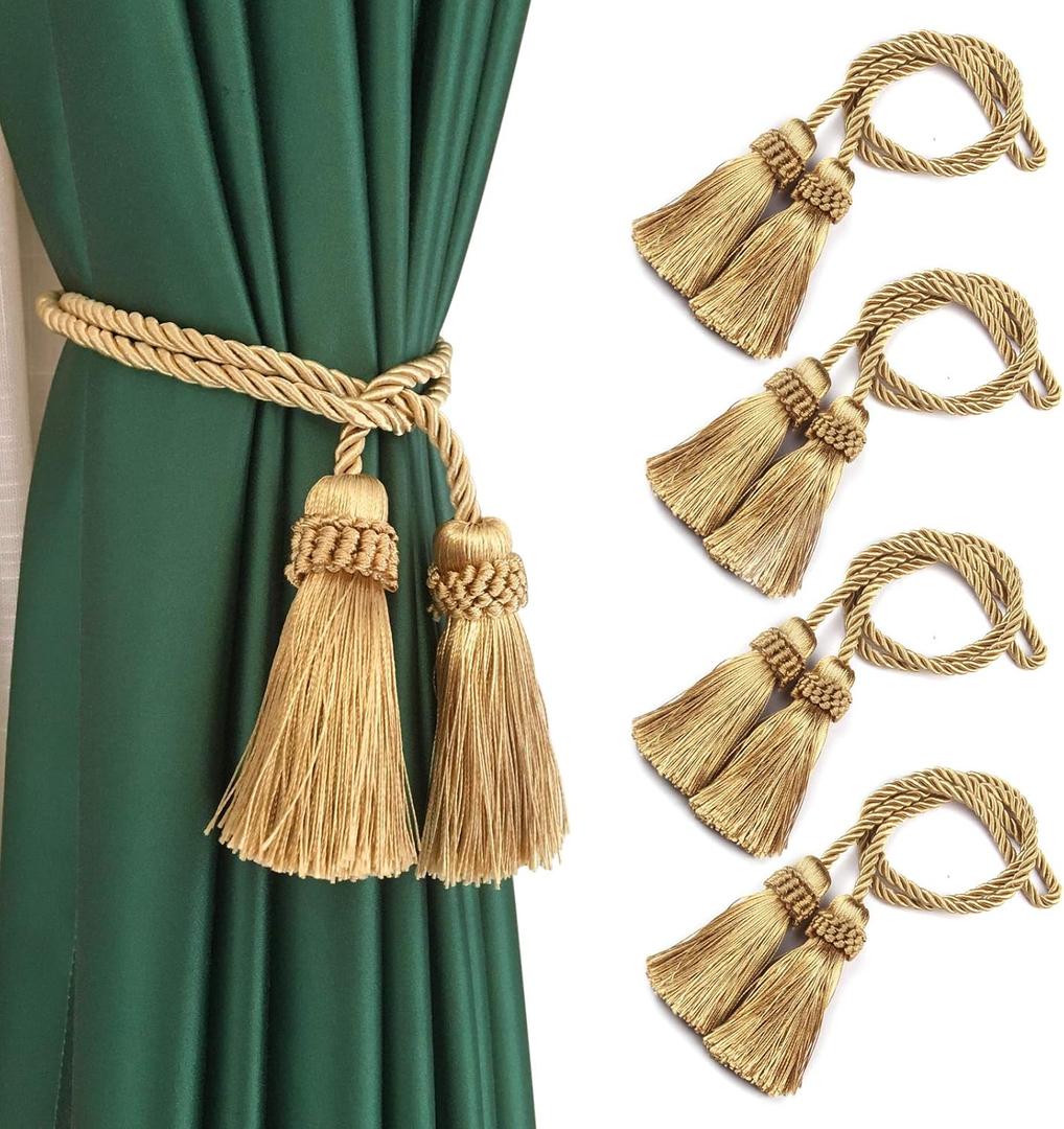 Fenghuangwu Curtain Tiebacks Handmade Decorative Curtain Holdbacks Rope with Tassel (Gold, 4P)
