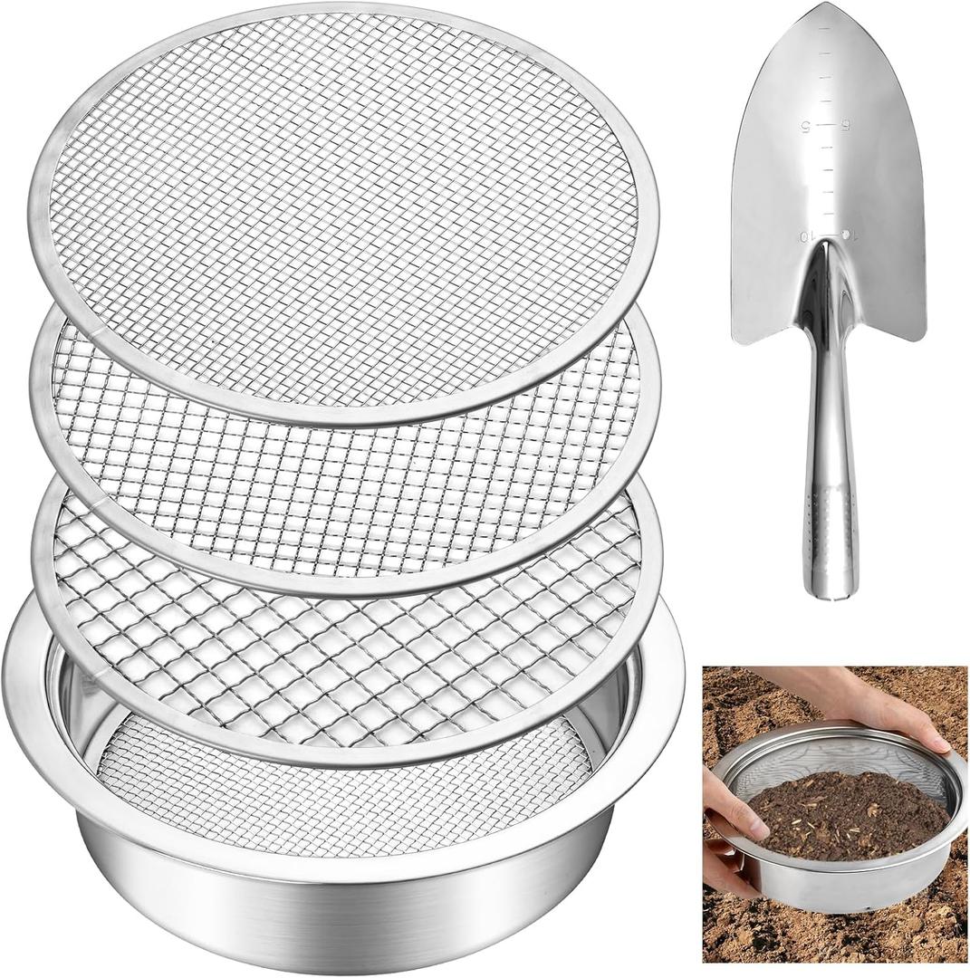 Soil Sifter, Soil Sifter for Rocks with 3 Sieve Mesh, 3mm 6mm 9mm, Stainless Steel Rock Sifter, Garden Potting Sieves with Shovel, Fine Mesh Sieve for Topsoil, Fine Sand