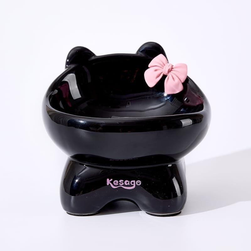 Elevated Neck Protection Cat Bowl .Cute cat Shape .Send a Bow DIY. Neck Protection to Prevent Vomiting (Keep Away from Black Chin) (Quiet Night Black)