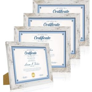 8.5 x 11 Picture Frame Set of 4, Made of Real Glass and Distressed White Certificate & Diploma Frame, 8.5 by 11 Photo for Wall or Tabletop - Display Picture 6x8 with Mat or 8.5x11 Without Mat
