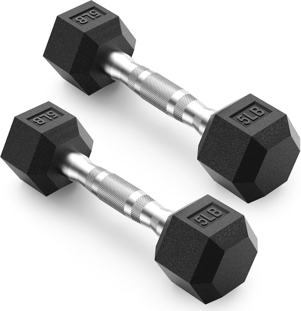 PAPABABE HEX Dumbbell Set 2.5-125lb, Rubber Encased Home Gym Dumbbells, Exercise & Fitness Weights Dumbbells for Women & Men, Hand Weight for Strength Training 5LB each