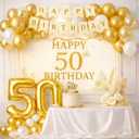 50th Birthday Decorations for Women, Elegant Champagne Gold Happy 50th Birthday Decorations for Her with Banner, Crown & Sash, Cake Topper, 50 Number Balloons and Backdrop