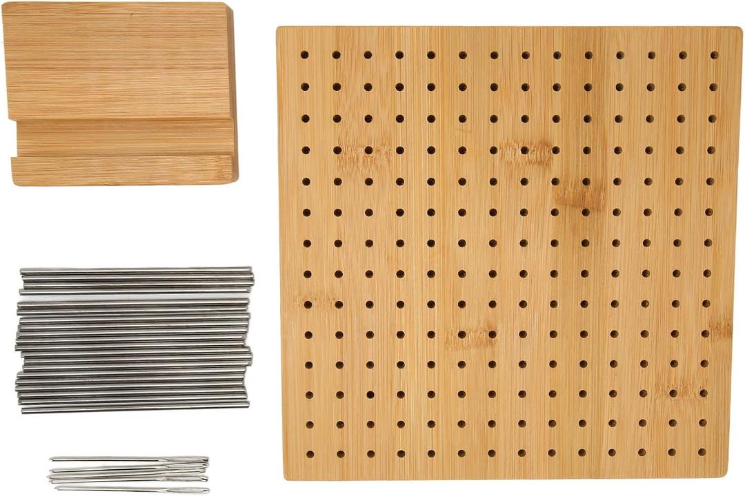 7.7in Squares Blocking Board, Handcrafted Knitting Blocking Mat with 18 Fixation Rods, Professional Wooden Stand for Crochet Work, Rubber Wood Material with Storage Tube and Croche