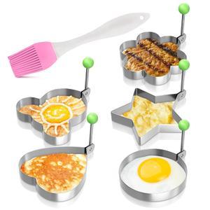 5 Pcs Pancake Mold Set  Stainless Steel Pancake Molds for Griddle with Fun Shapes, Comfortable Handles, and Non-Slip Design  Egg Shaper for Frying Pan with Silicone Brush for Easy Use & Cleaning
