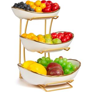 Fruit Bowl for Kitchen Counter, 3 Tier Fruit Basket for Counter, Ceramic Holder, Tiered Stand with Metal Stand, Detachable Rack for Fruit Vegetable Snack Dessert Storage (White)