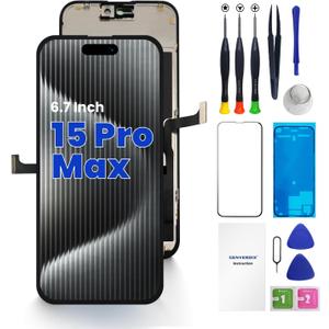 Genverdix for iPhone 15 Pro Max Screen Replacement, 6.7 inch 3D Touch LCD Display Full HD Repair kit, Digitizer Assembly with Tools Set, Tempered Glass, Waterproof Frame Adhesive