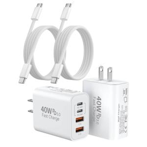 2Pack iPhone 17/16/15 Pro Max USB C to C Woven Cable Cord,PD 40W Type C Apple Charger 4 Port Wall Plug with 3FT USB C-C Fast Charging Woven Cord for iPhone 17 Air/16e/17/16/15/15 Plus/Pro/Pro Max/iPad (White)