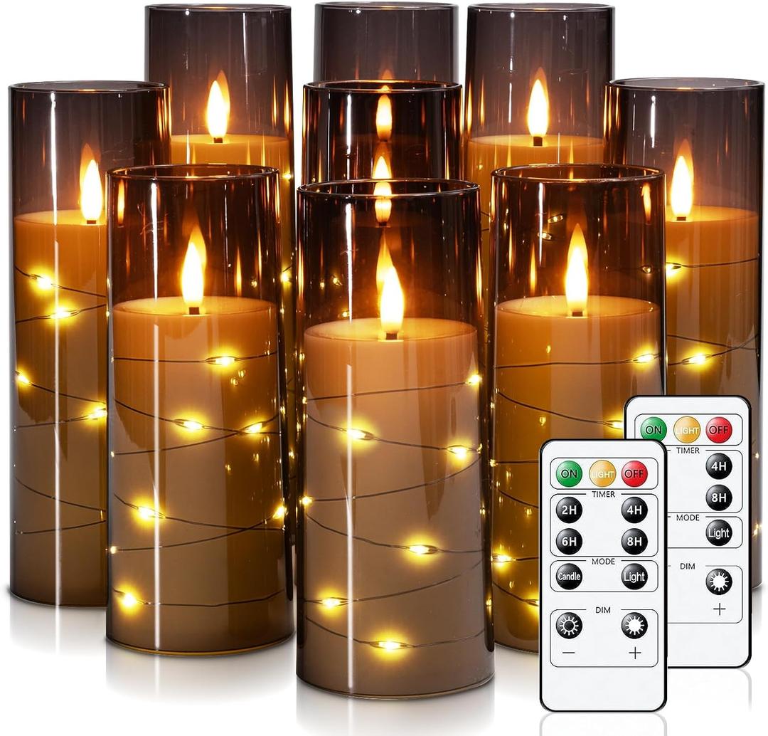 Raycare Flameless Candle with Remote Timer  9 Flickering Acrylic Battery Operated LED Pillar Candles with Embedded Star String for Halloween, Fall Decor, Harvest Festival Gifts(Grey)