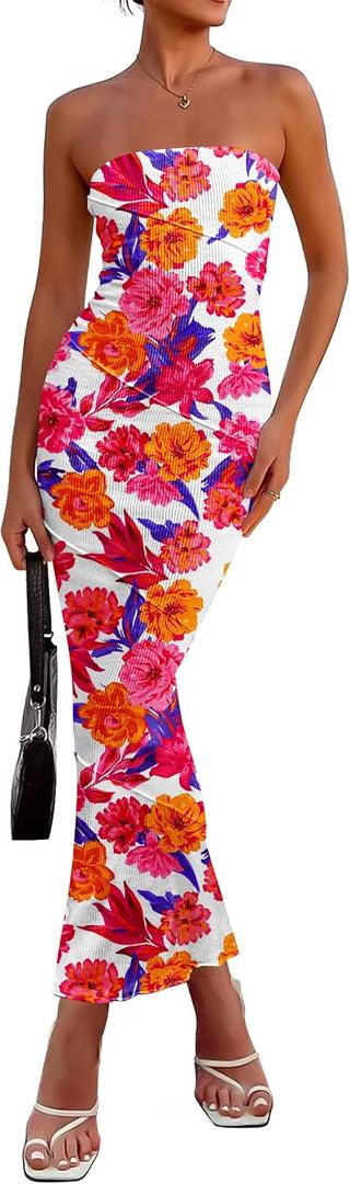 PRETTYGARDEN Women's 2026 Summer Floral Bodycon Maxi Dresses Ribbed Strapless Tube Casual Boho Party Long Dress (White, M)