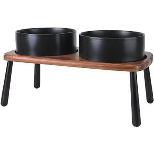 SPUNKYJUNKY Ceramic Elevated Dog Bowls Raised with Acacia Bamboo Wooden Stand, 8.3'' Dog Food Water Bowls Set Non-Slip for Medium Large Sized Breed Microwave Dishwasher Safe - 60 OZ,Black