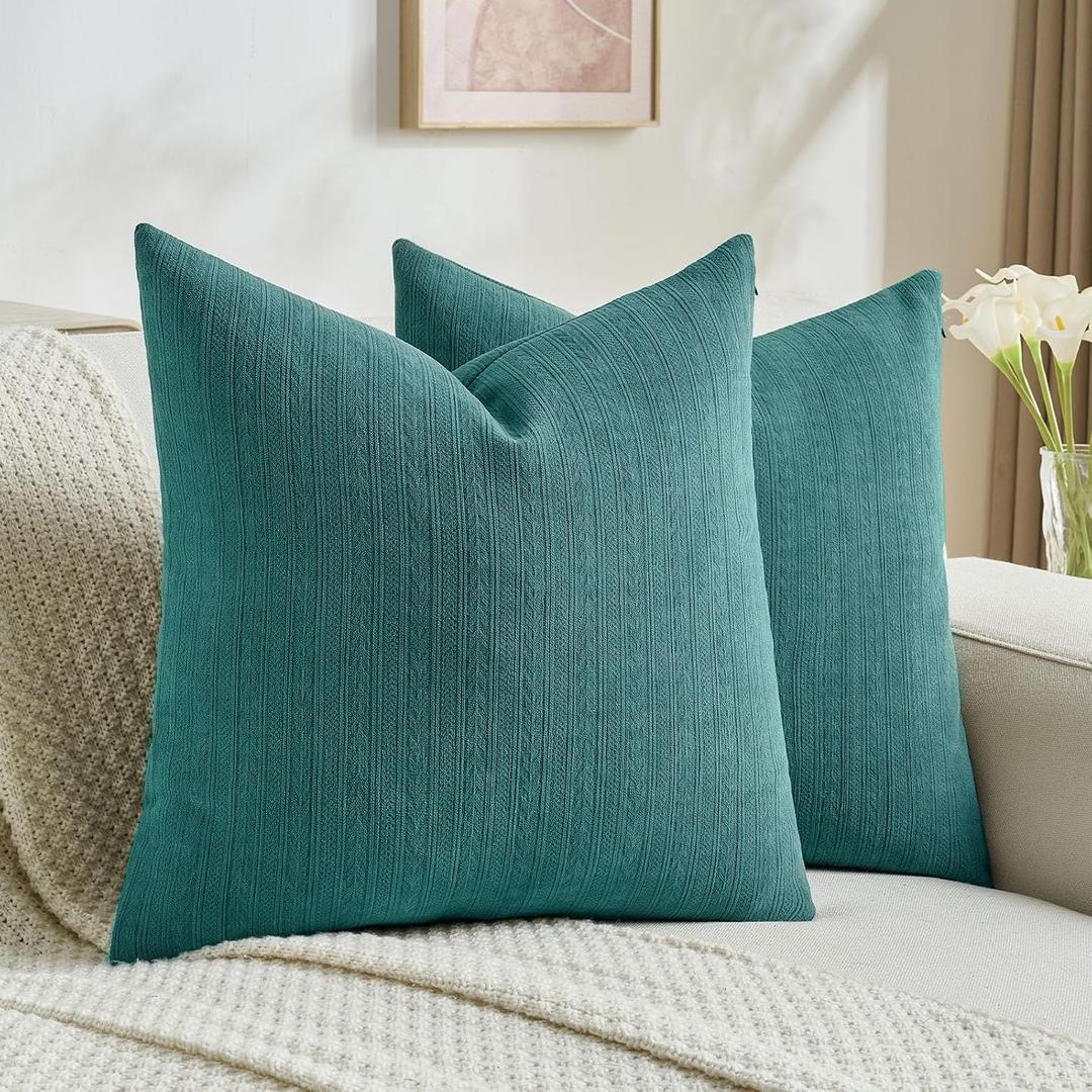 FUTEI Pack of 2 Solid Chenille Throw Pillow Covers 22x22 Inch Soft Cozy Wheat Ear Striped Textured Decorative Cushion Cases Modern Farmhouse Accent for Couch Bed Living Room, Teal