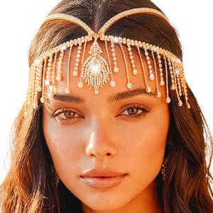 JEAIRTS Gold Egyptian Head Chain Sparkly Rhinestone Tassel Headpiece Boho Hair Jewelry for Women