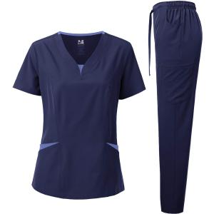 Dagacci Medical Uniform Women's Scrubs Set 4-Way Stretch Split Contrast Net V-Neck Scrub Top and Pants (Large)