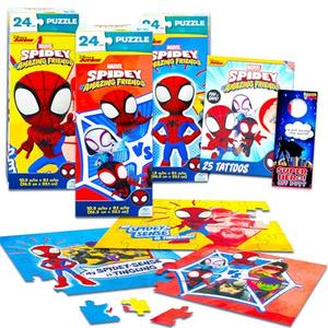 Spidey and Friends Jigsaw Puzzle Set - 3 Pack Spidey Puzzle Bundle with Tattoos and More for Kids Adults (Spidey and Friends Party Favors)