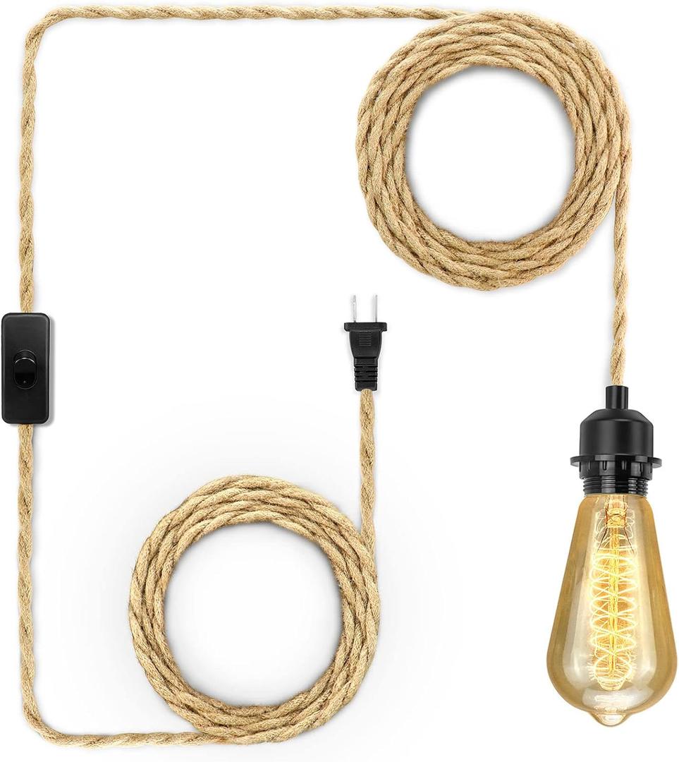 Plug in Pendant Light Cord, Farmhouse Hanging Lights with Plug in Cord, 15FT Hemp Rope Plugin Hanging Light Cord Kit with On/Off Switch, E26 E27 Light SocketCord for HangingLight