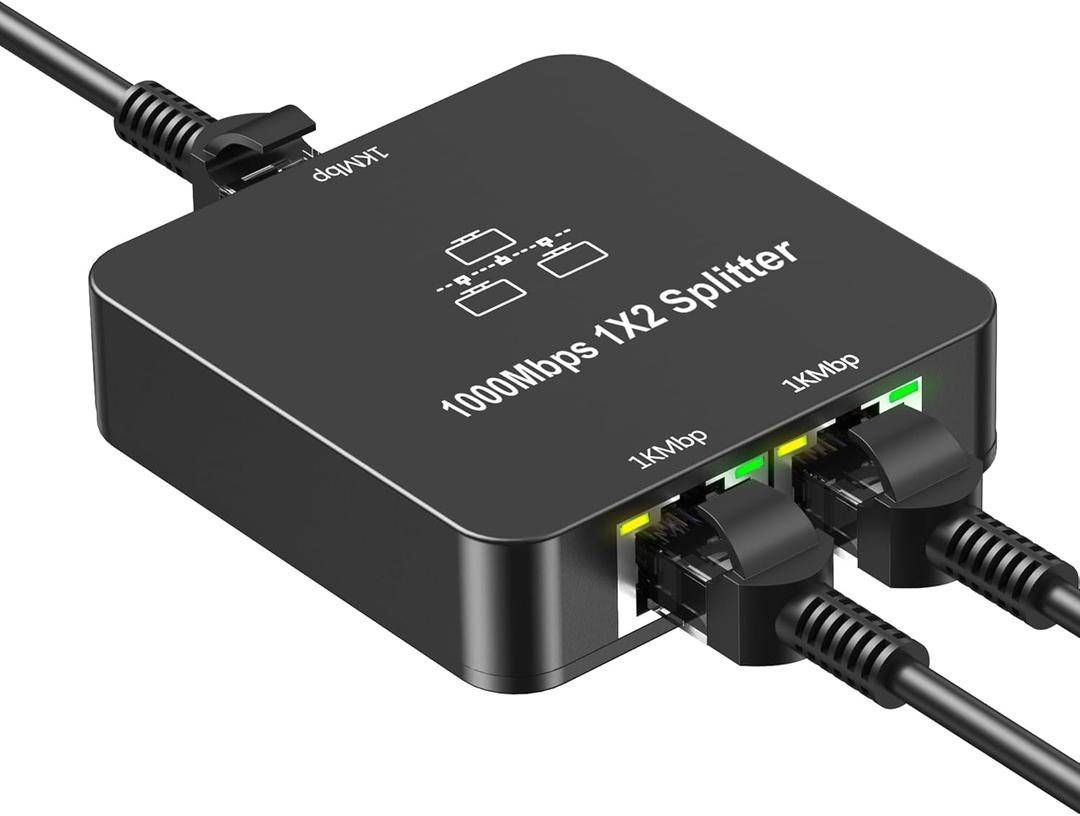 Ethernet Splitter 1 to 2 Out, 1000Mbps High Speed, RJ45 Splitter with USB Power Cable, Gigabit Internet Splitter Connector for Cat 5/5e/6/7/8 Cable, Black