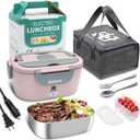 80W Electric Lunch Box [2024 Upgrade]Portable Food Warmer for Office Desk & Car Travel 3-Mins Fast Heating 304 Stainless Steel Container Leakproof BPA-Free Pink with Utensils & Insulated Bag