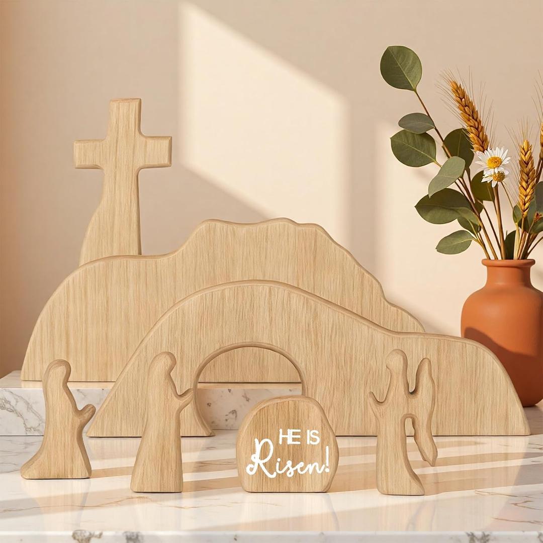 Empty Tomb Easter Scene with Cross Christian Decor, Wooden Easter Resurrection Scene Jesus Tomb Tray Set for Religious Decorations, Jesus Nativity Set for Home Office Tabletop, Christian Decoration, 9 inches x 3.5 inches x 0.3 inches