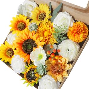 Artificial Flowers Rose Sunflower Combo Set, Real Touch Fake Rose Bouquets with Stems for Wedding Party DIY Centerpieces Floral Arrangements Home Decorations(Yellow, 1)