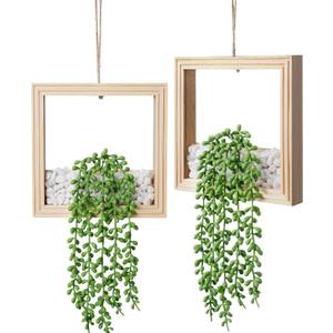2 Pack Hanging Artificial Succulents Plants String of Tears - 7.8x7.8in Square Wooden Frame Vase with Stones & 2 LED Fairy Lights (On/Off Switch), Boho Decor for Indoor Outdoor Wall (Natural Wood)