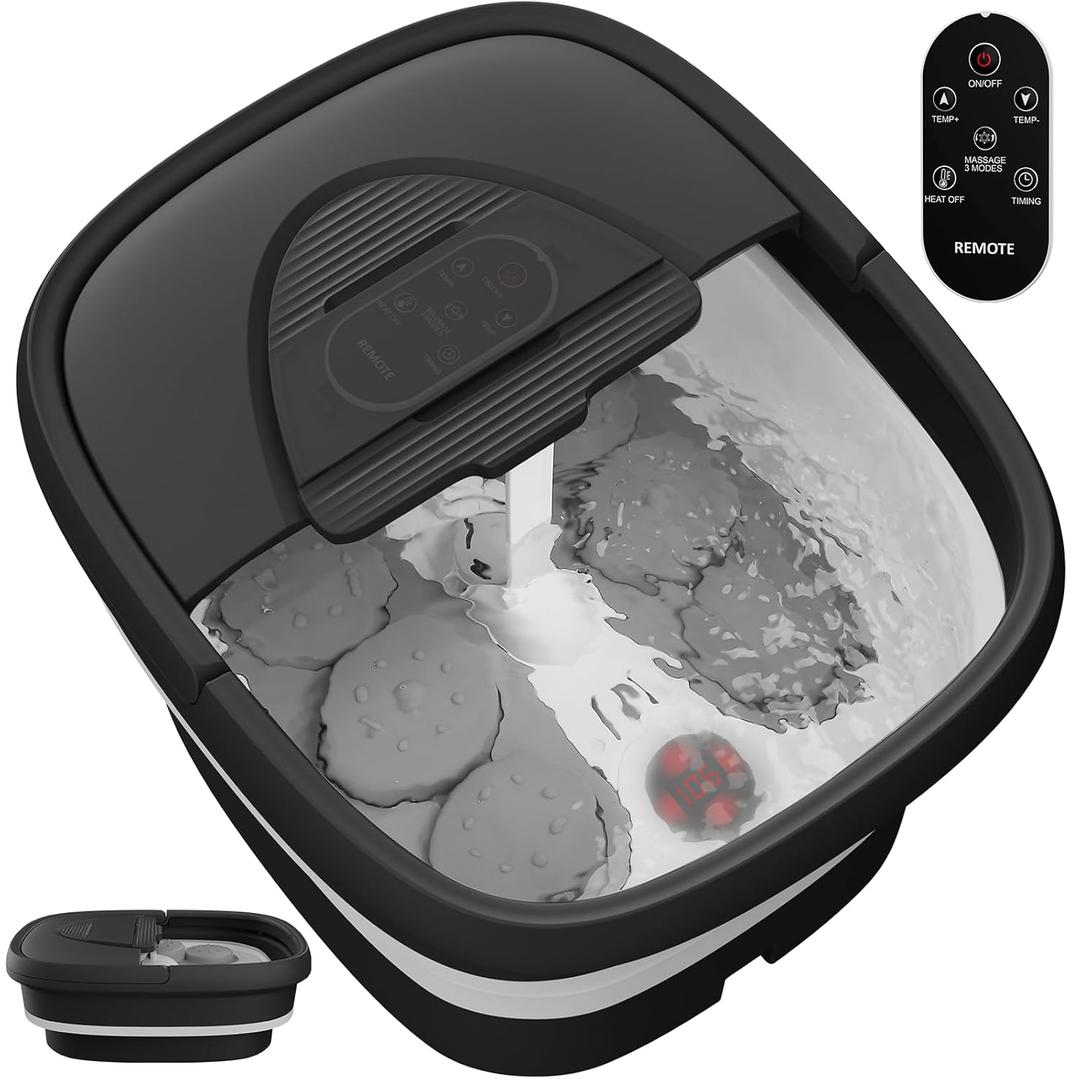 Foot Spa Collapsible, Foot Bath Massager with Heat, Remote, Timer, and 24 Motorized Shiatsu Massage Balls, Foot Soaking Tub Supports Hot/Cold Water Soaking- BA03H (Black)