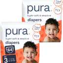Pura Baby Diapers Size 3 (16-28 lbs) 64 Count Sensitive Skin | 12 Hour Leak Protection, New Blowout Blocker, Cloud Soft, Totally Chlorine Free*, Allergy UK Certified