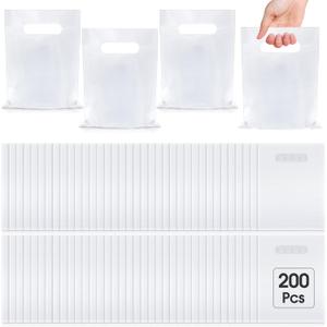 Janlaugh 200 Pcs 2.5 Mils White Small Plastic Bags for Business 6 x 8 in Reusable Thick Gift Bags Merchandise Shopping Bag with Handle Goodie Bag for Retail Glossy Boutique Treats Birthday Party