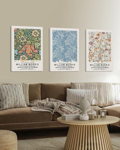 William Morris Wall Art Set of 3 Vintage Botanical Wall Decor Nature Flower Exhibition Posters Retro Plant Canvas Prints Paintings for Living Room Bedroom Kitchen 16x24 Inch Framed (Light)