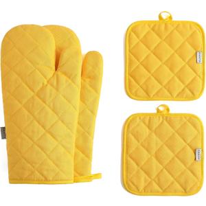Oven Mitts and Pot Holders 4 pcs Set,High Heat Resistant 500 Degree Extra Thicken Long Kitchen Cotton Oven Glove for Cooking (12 Inch,Yellow)